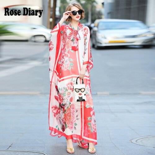 RoseDiary 2021 New Summer Fashion Dress Women Bohemian Style Print Loos Floor Length Hit Color Tall Multi-element Elegant