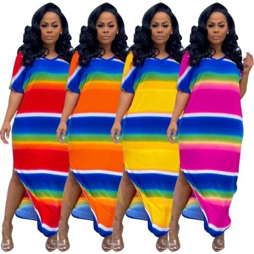 Casual Rainbow Striped Long Dress Short Sleeve V Neck Loose Maxi Dresses Bottom Slit Elegant Boho Sundresses 2021 Summer Clothes