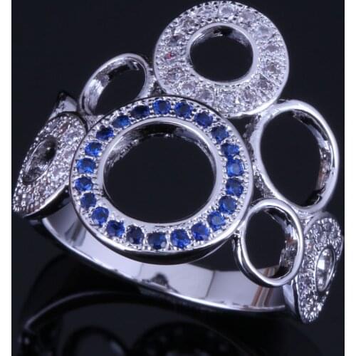 Superb Round Blue Cubic Zirconia White CZ Silver Plated Ring V0484
