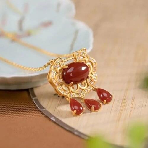 Natural south red tourmaline tassel Pendant Necklace Chinas Retro palace style hollowed out luxury noble womens silver jewelry