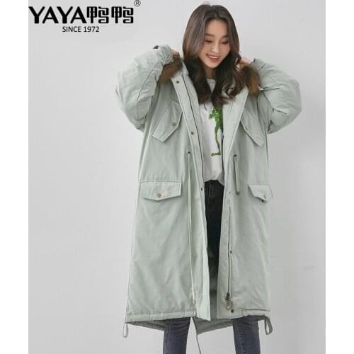 YAYA 2020 New Winter Womens 90% Duck Down Jacket Real Raccoon Fur Collar Hooded Down Coat Over-The-Knee Length Warm Outerwear