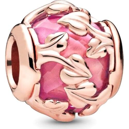 QANDOCCI Fit Pandora Bracelet Pink Decorative Leaves Charm For Jewelry Sterling Silver 925 Original Bead Charm