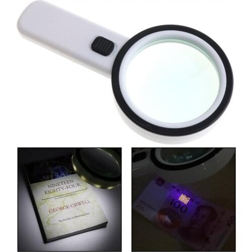 Sale 90MM 30X Handheld Optical Glass Magnifying with 12 LED Light and UV Light for Antique Appreciate Reading
