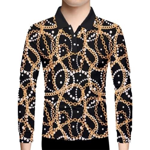 Long-sleeved Polo-shirts Golden Pearl Chains 3d-printed New Mens Suitable Casual Streetwear Baroque Luxury Vogue Shirt Top OGKB