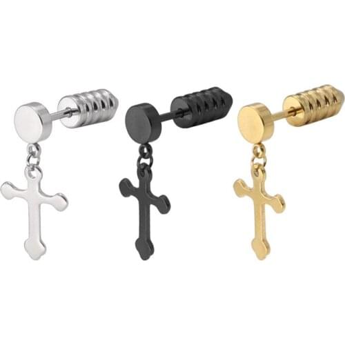 Gold Christian Jewelry Stainless Steel Earrings Cross Pendant Unisex Drop Threaded Earrings for Men Women Statement Gift 30pcs