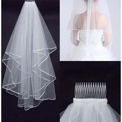 Wedding Veil Bridal Tulle Veils with Comb and Lace Ribbon Edge White