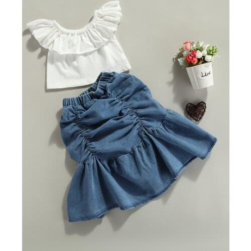 FOCUSNORM 2-7Y Summer Fashion Toddler Girls Clothes Sets 2pcs Ruffles Off Shoulder Solid T Shirts Tops Pleated Mid-length Skirt