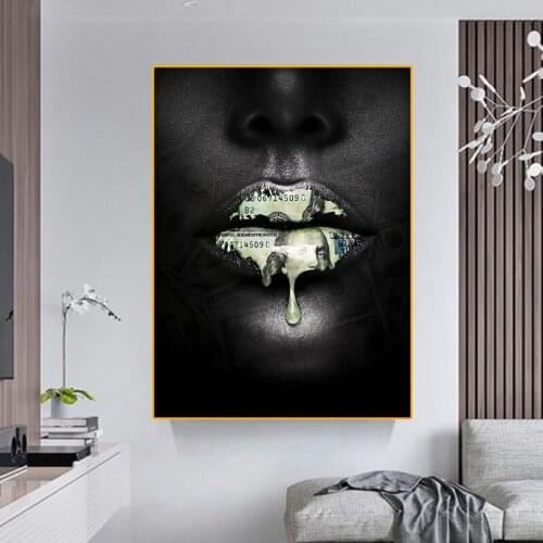 Creative Dollar Lips Canvas Painting Black Beauty Art Posters and Prints Wall Pictures Modern Living Room Home Decoration