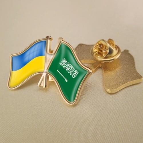 Ukraine and Saudi Arabia Crossed Double Friendship Flags Lapel Pins Brooch Badges