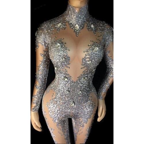 Bright Big Rhinestones Gray Pattern Jumpsuit Stretch Leggings Nightclub Singer Dancer Show Wear Womens Prom Party Sexy Bodysuit