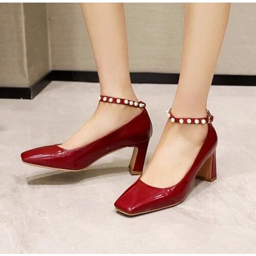Pumps Spring and Autumn new style Square head High heels Single shoes beaded sweet Womens shoes high 7cm plus size 34-48