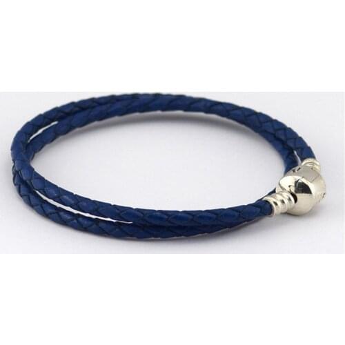 Dark Blue Color Leather Bracelets Women Classic Signature Clasp 925 Sterling Silver Braided Rope Charms Bangle Men Jewelry