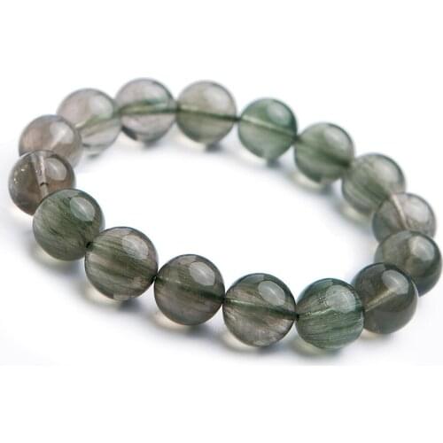 2018 Newly Genuine Natural Green Rutilated Quartz Fashion WomenStone Bracelet 13mm Charm Stretch Round Stone Natural Crystal