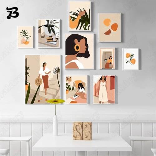 Abstract Fashion Girls Wall Art Minimalist Plant Canvas Painting Nordic Posters Prints for Teen Girls Bedroom Living Room Decor