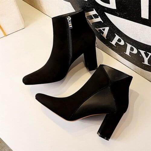 BIGTREE Square Toe Female Riding Boots Black Flock Leather Concise Ladies Winter Shoes Thick High Heels Zipper Ankle Boots Women