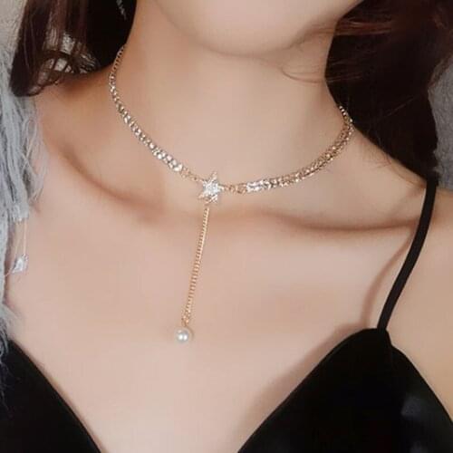 Gold Chain Pearl Tassel Pendant Necklaces for Woman Jewelry Star Elegant Fashion Female Short Choker Necklace Friend Gift