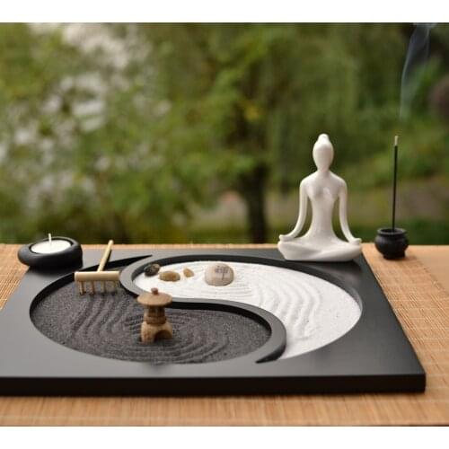 Japan Style Wooden Craft Zen Garden Decoration Resin Figurine Relax Buddhism Incense Burner Sand Table Home Decoration Crafts