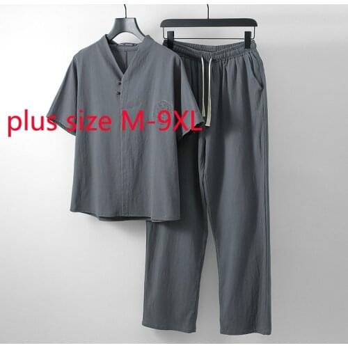 New Arrival Super Large Cotton Linen Summer Fashion Two Piece V-neck Casual Short Sleeve Men T Shirt Plus Size M-6XL 7XL 8XL 9XL