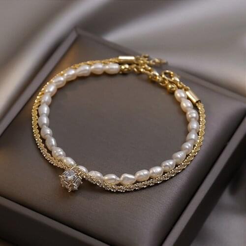 Korean Fashion Double Layered Elegant Vintage Irregular Natural Freshwater Pearls Bracelet Exquisite Zircon Inlaid Ball Bracelet