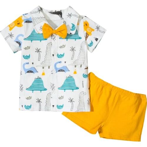 Citgeett Summer Kids Baby Boys Suit Set Dinosaur Print Collar Cartoon Short Sleeve Shirt+ Solid Yelliow Shorts Set 0-18 Months