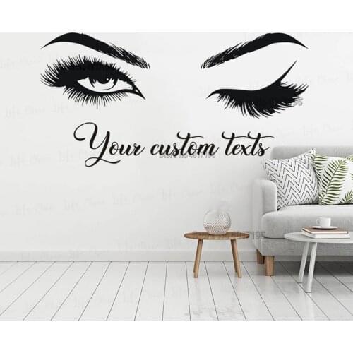 Beauty Lashes Vinyl Wall Sticker Custom Any Texts Eyes Wall Window Decal Winking Eyes Beauty Studio Decoration Vinyl Wall Art