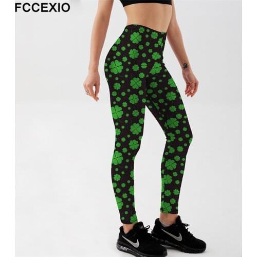 FCCEXIO New Women Push Up Skinny Four Leaf Clover 3D Print Leggings Outdoor Sportswear Fitness Elastic Force Leggings