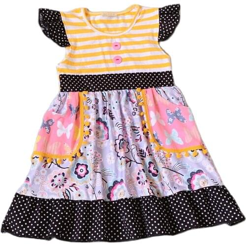 Yellow stripes dress Ruffle Butterfly dress Black dot lace Girls dress butterfly pocket dress