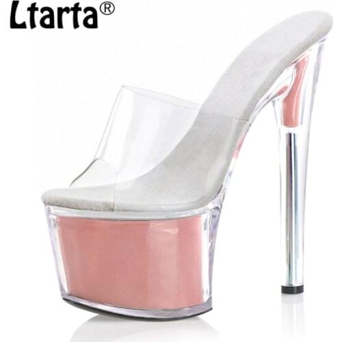 Ltarta 17Cm Plus Size Super High Heel Slippers Stiletto Catwalk Show Girl Sexy Nightclub Transparent Crystal Sandals LYP