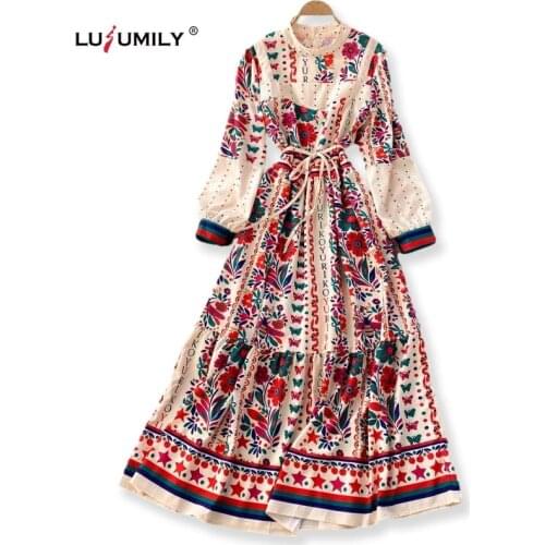 Lusumily Womens Summer Silk Dress Floral Elegant Loose O-Neck A Line Boho Long Dress Plus Size 3xl Dresses Vestidos Verano