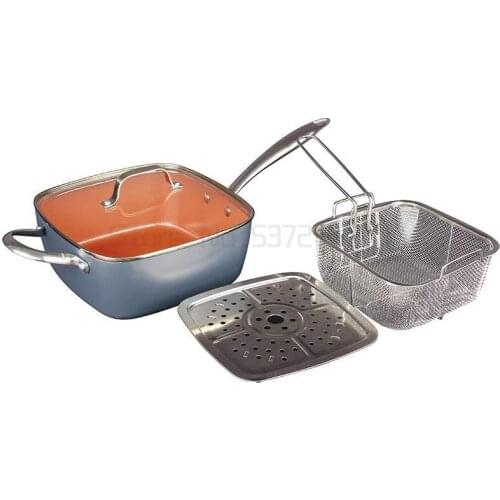 Sweettreats copper Square Pan Induction Chef w/Glass Lid Fry Basket, Steam Rack 4 Piece Set, 9.5 inches used in induction
