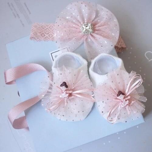 Newborn Baby Girl Lovely Socks Headband Set Flower Bowknot Crown Lace Headwrap + Booties Lace Cute Animal Decor Socks 2Pcs Set