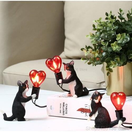 Cute Cat Led Desk Lamp with Love Heart Bulb Animal Night Lights Table Lamps Bedside Bedroom Decor Fixtures Kids Holiday Gifts