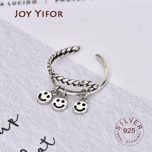 Fashionable smile silver ring simple personality smiley s925 sterling silver open ring ring trend punk style jewelry
