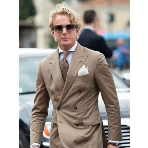 ANNIEBRITNEY Double Breasted Khaki 2 Piece Slim Men Formal Suit Groom Wedding Tuxedo Custom Prom Wedding Business Men Suit