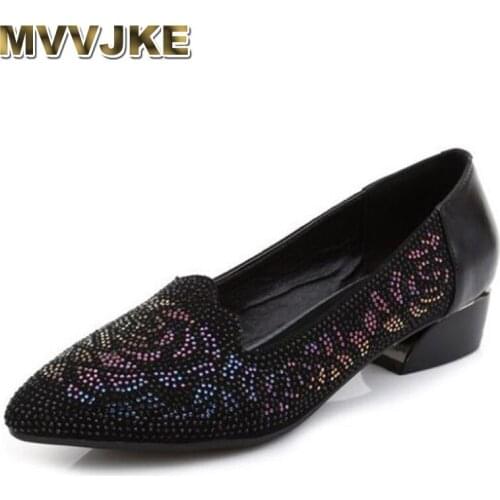 MVVJKE spring high heels shoes women genuine leather shoes rhinestones thick high heels fashion party pumps big size
