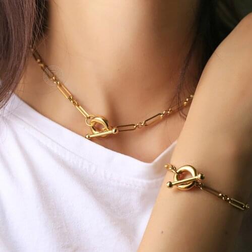 Gold Color Jewelry Set For Women Cable Link Chain Bracelet Necklace Set Toggle Clasp Stainless Steel Wholesale Gifts LDS22