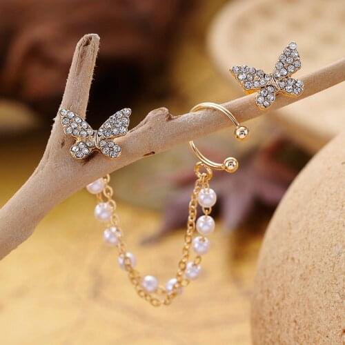 Punk Simulation Pearl Long Earrings Female Butterfly Flower Rhinestone Vintage Pendant Earrings Fashion Korean Jewelry Earrings