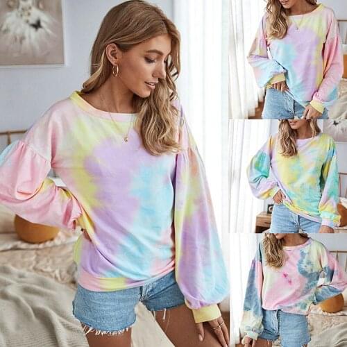 Womens Fashion Contrast Color Tie-dye Long-sleeved T-shirt Casual Loose Round Neck Plus Size Top T-shirt Stranger Things T Shir