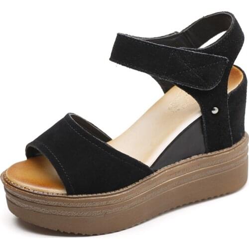 Round Toe Slope Slope Sandals Women Summer 2019 Korean Version Thick Bottom Sanded Leather Leisure High Heel Waterproof Platform