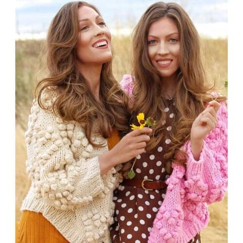 Jastie Boho Pom pom Hand Knit Cardigan Women Sweaters Long Sleeve Autumn Winter Warm Knit Top Women Sweaters Cardigan Jacket