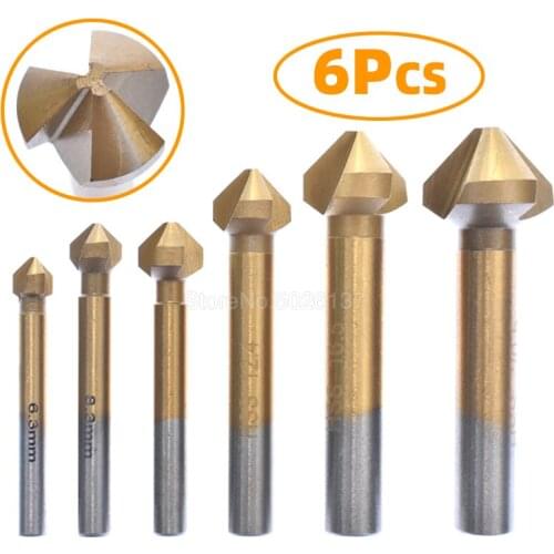 6PCS 90 Degree 3 Flute Chamfer Drill Bit Hss Chamfering End Mill Charmfer Cutter Countersink Titanium Coated Edge Wood Drilling