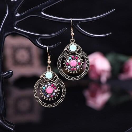 Bohemia Ethnic Ladies Earrings Women Round Alloy Crystal Stone Beaded Earrings European American Fashion Jewelry Retro Earrings