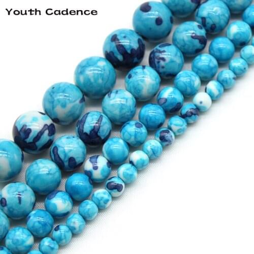 Natural Light Blue Colorful Rain Jaspers Stone Round Loose Spacer Beads For Jewelry Making DIY 4/6/8/10/12mm Bracelet 15