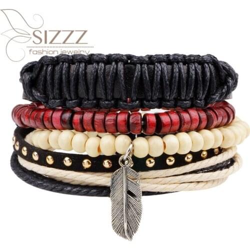 SIZZZ 2019 Hand-knitted leather multi-root combination feather beaded bracelet&bangles for women/men