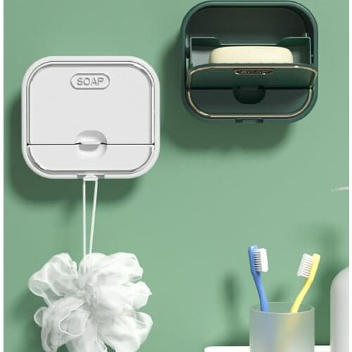 Soap Holder Box Flip to Open/Close Adhesive Splash Proof Soap Dish with Water Collector & Hanger for Bathroom & Kitchen TS1