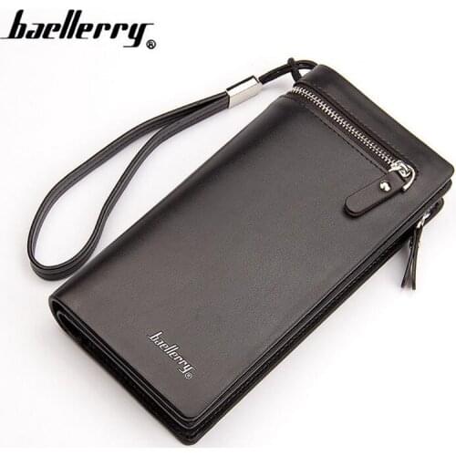 Baellerry long designer Men leather wallet with strap large capacity purse for male with phone case man clutch money bag