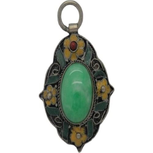 China Old Collectible Handwork Green Jade Cloisonne Flower Wonderful Pendant
