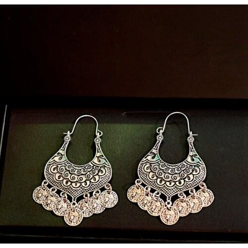 Classical Womens Silver Color Flower Indian Jewelry Gypsy Vintage Ethnic Tribe Round Tassel Earrings Jhumka Earrings