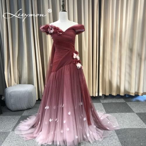 Leeymon Mermaid Tulle Evening dress Pleats Floor-Length Off Shoulder Gradient Wine Red Evening Gown 2019