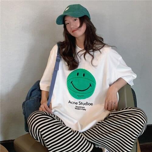 Summer embroidery smiley basketball loose short-sleeved T-shirt womens bottoming shirt all-match casual college style women